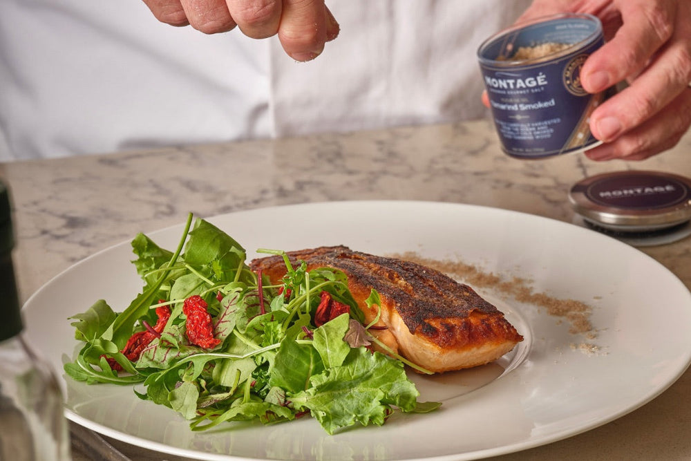 Non-iodized Montagé finishing salt crystals sprinkled over seared salmon