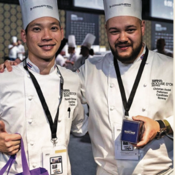 Bocuse d'or chefs holding a gift box of gourmet salt fleur de sel