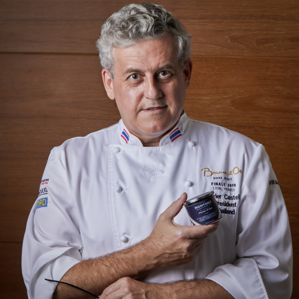 Chef Olivier Castella holding a glass of fleur de sel flower of Bali