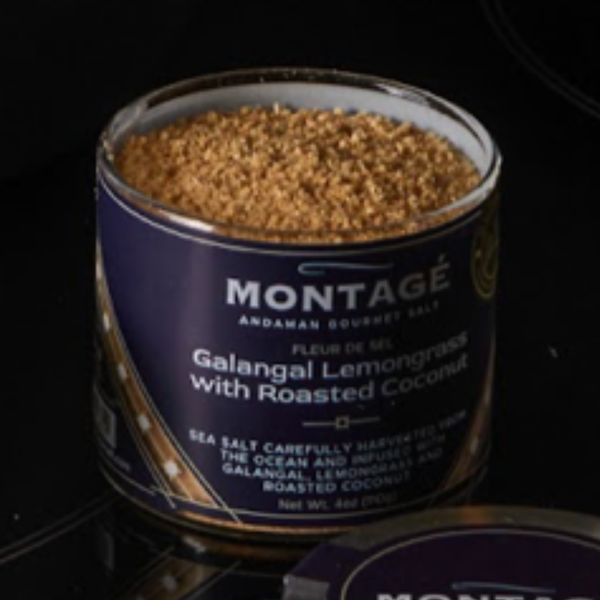 lemongrass thai salt for seasoning in a glass jar with blue label