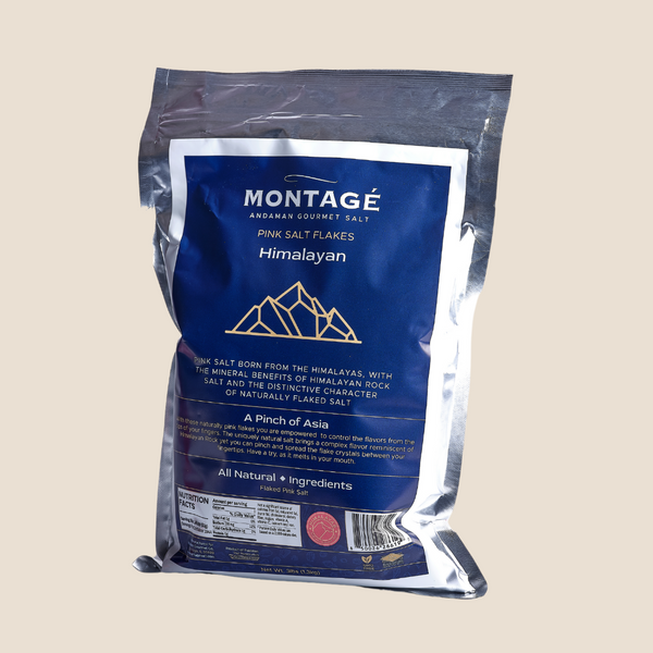 Flaky finishing salt in an aluminum foil bulk bag salt with blue label