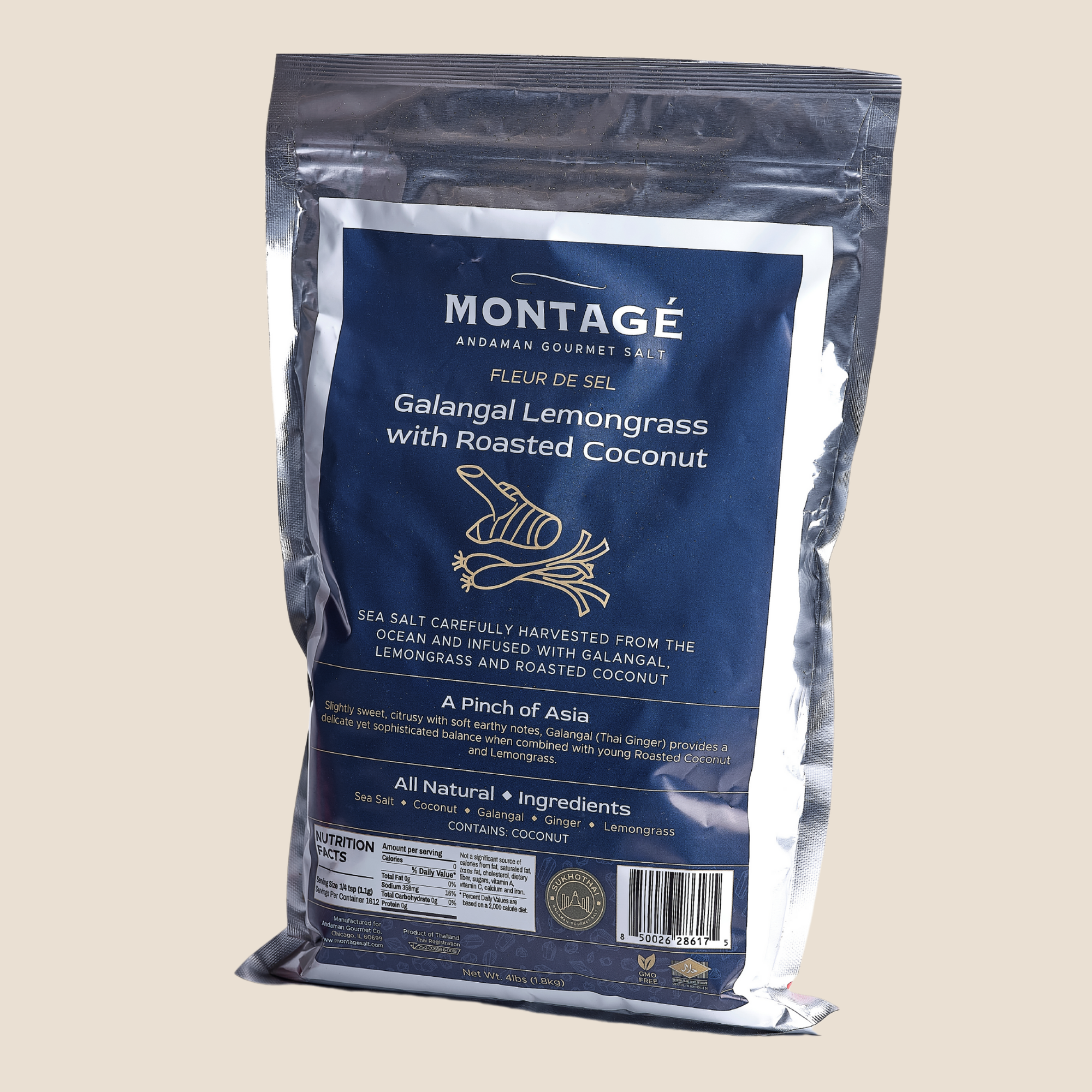 Montage lemongrass thai bag salt on a beige background 