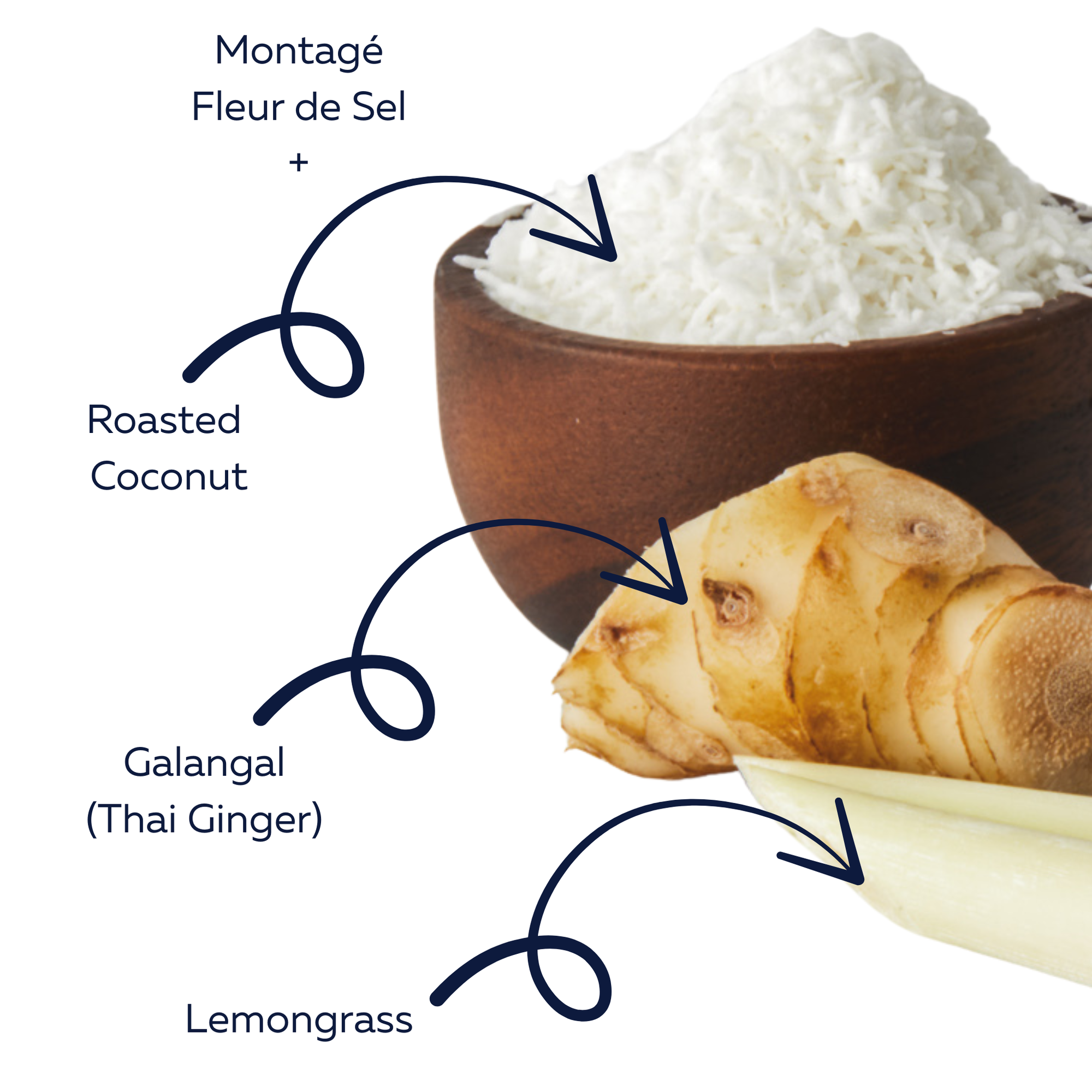 Roasted coconut  in a bowl next to galangal lemongrass salt