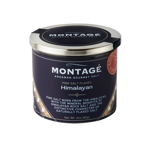 Montage Himalayan pink salt flakes container on a white background