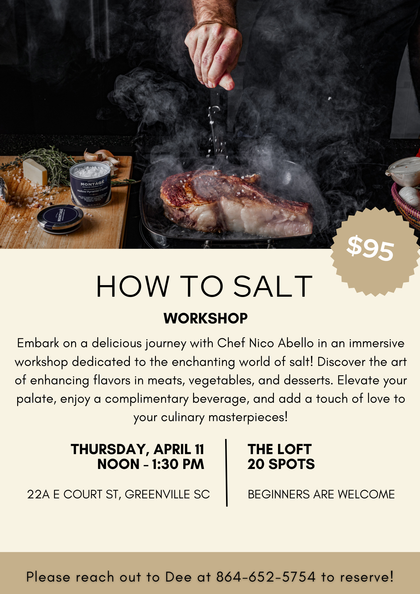 Promotional image for a cooking workshop featuring Chef Nico Abello salts a dish, with details about the event including date, time, location, and price.