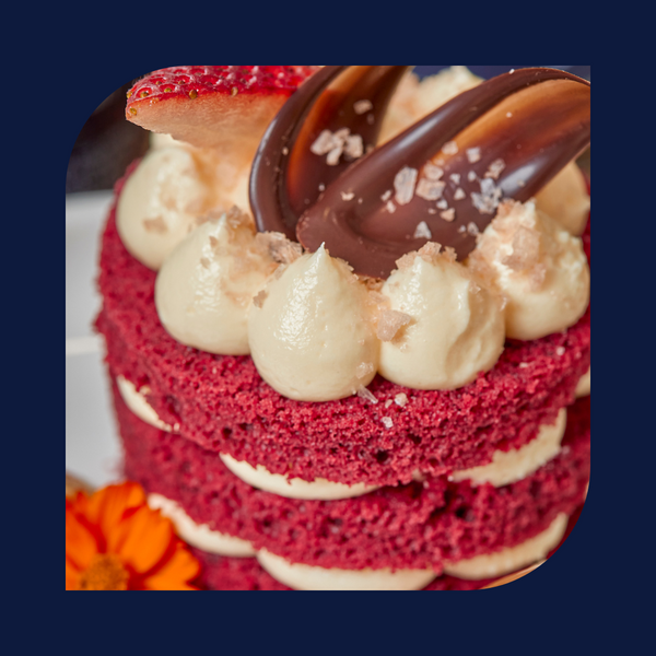 Flaky Himalayan Finishing Salt on a red velvet cake