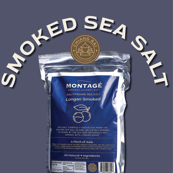 Montage smoked sea salt packaging with brand name and product details on a blue background