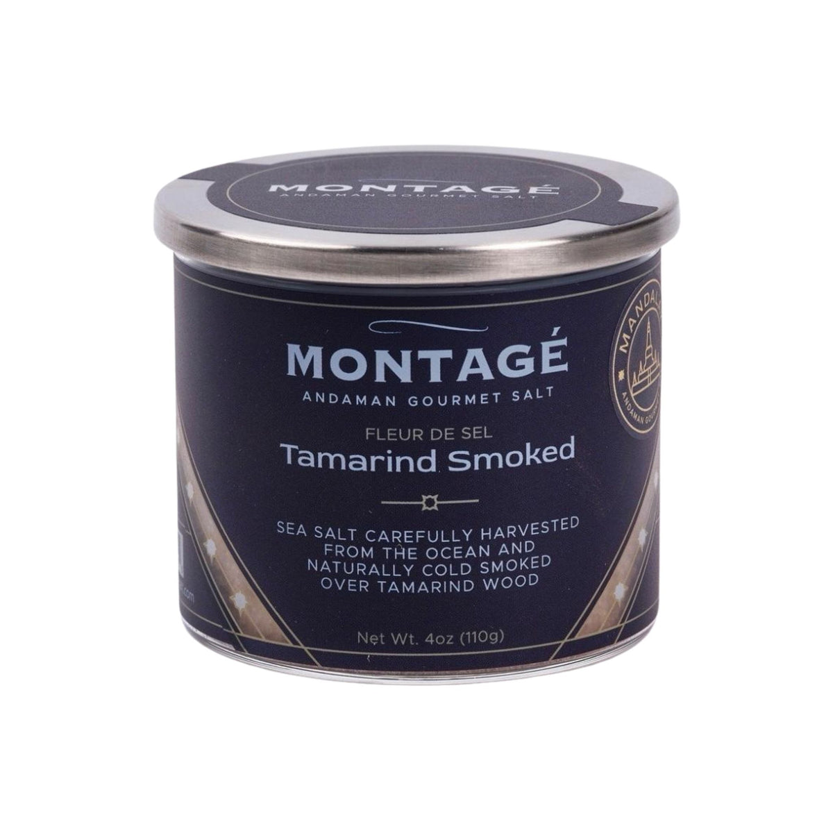 Montagé Tamarind Smoked Sea Salt in a 4oz glass jar, cold smoked over tamarind wood