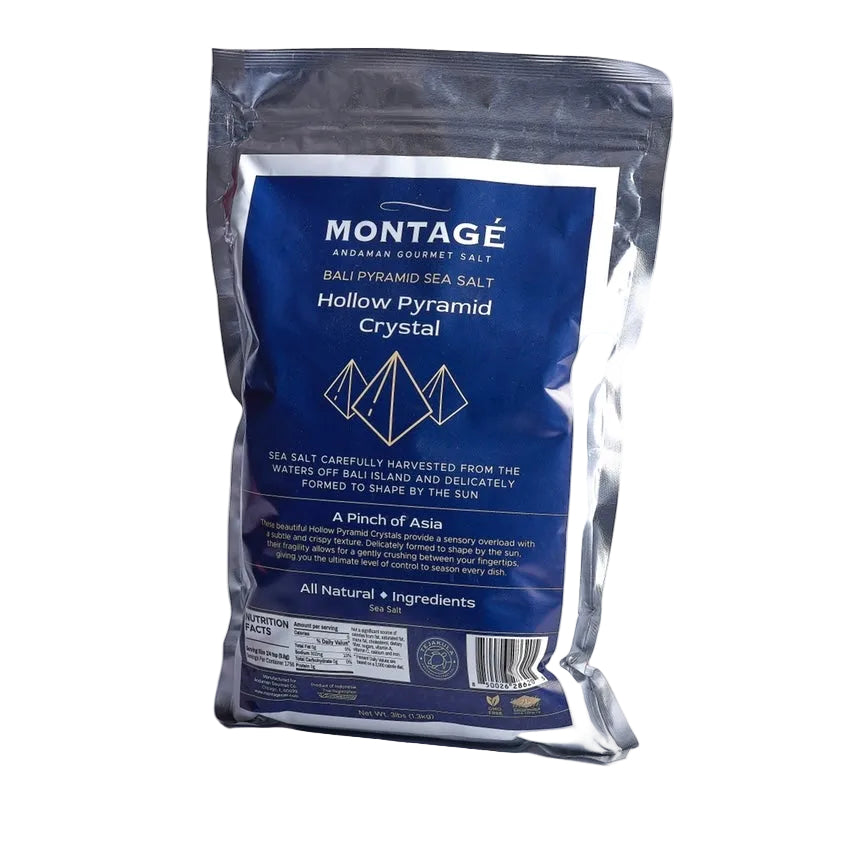 Professional 3lb resealable bag of Tejakula Hollow Pyramid salt, a large-format natural finishing garnish and Maldon alternative for luxury hospitality.