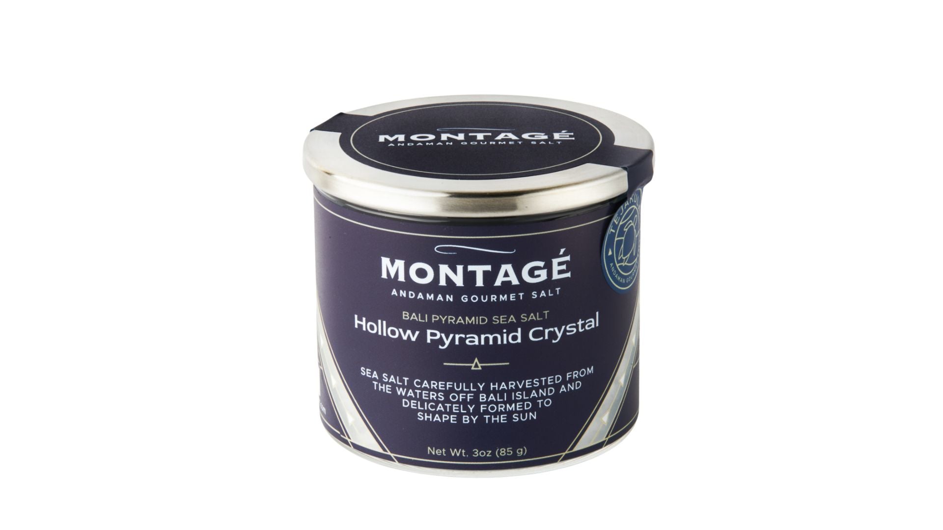 pyramid crystal salt glass jar on white background