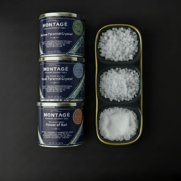 Comparative display of three artisanal Balinese salts: delicate Fleur de Sel, mineral-rich Kusamba, and architectural Tejakula Hollow Pyramids, showcasing a range of natural textures for professional finishing and garnish.