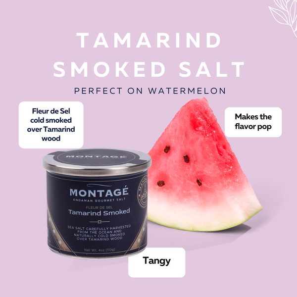 Montage Tamarind Smoked Salt container with a slice of watermelon on a light purple background