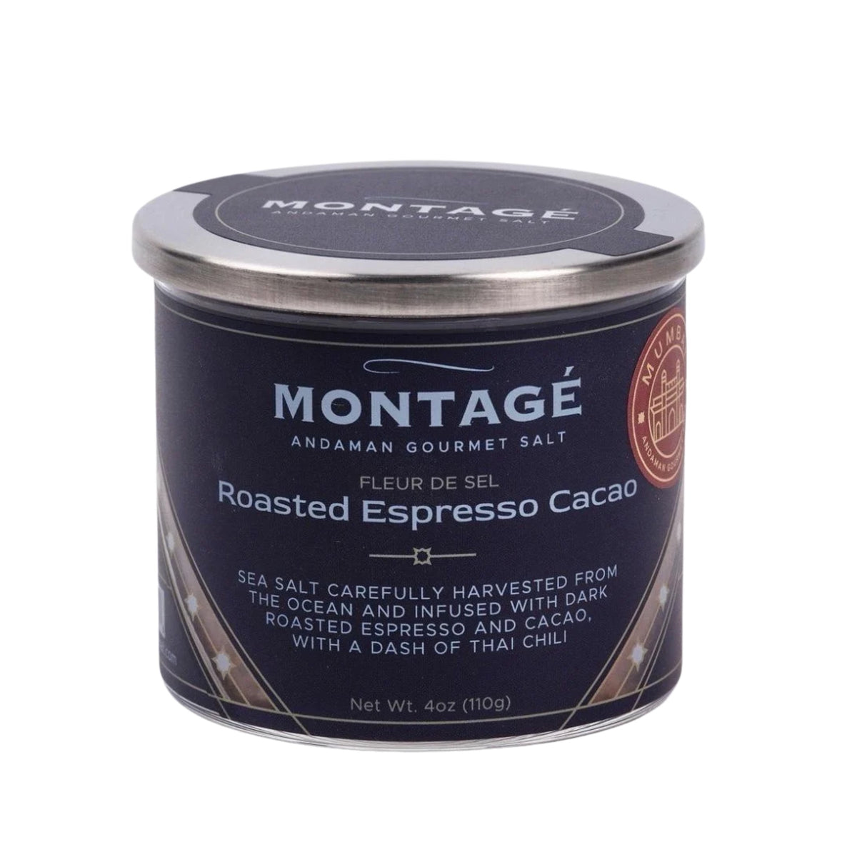 Montagé Roasted Espresso Cacao fleur de sel finishing and rim salt, 4oz glass jar on white background