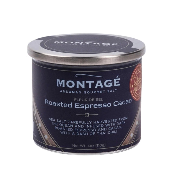Montagé Roasted Espresso Cacao fleur de sel finishing and rim salt, 4oz glass jar on white background