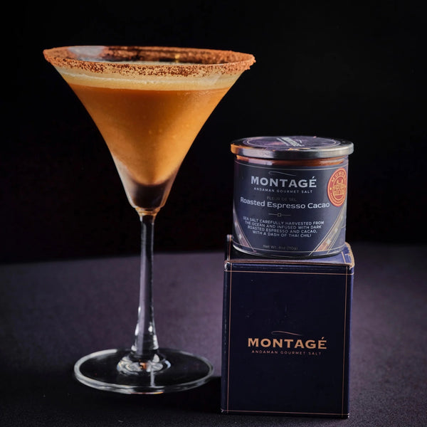 Martini glass with a Montagé Roasted Espresso Cacao salt rim beside the jar and gift box
