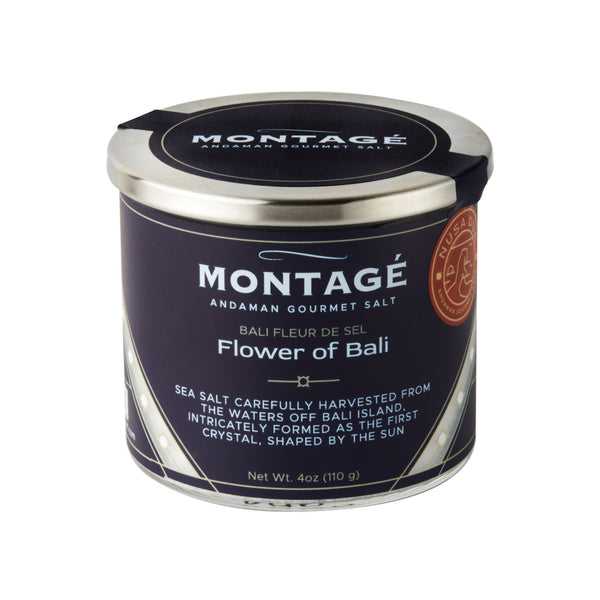 Flower of Bali Fleur de Sel — hand-harvested Bali sea salt in a 4oz glass jar by Montagé