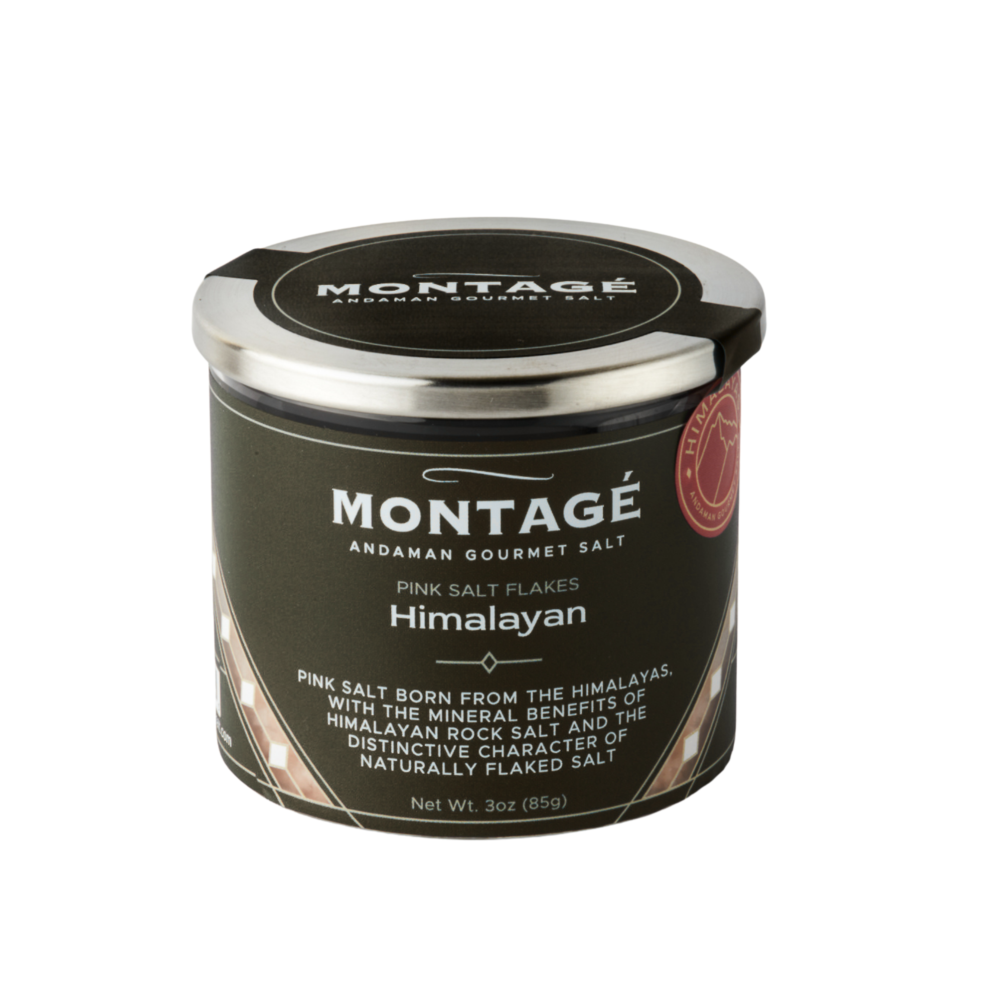 Montagé Himalayan pink flake salt 3oz glass jar with lid on a plain white background