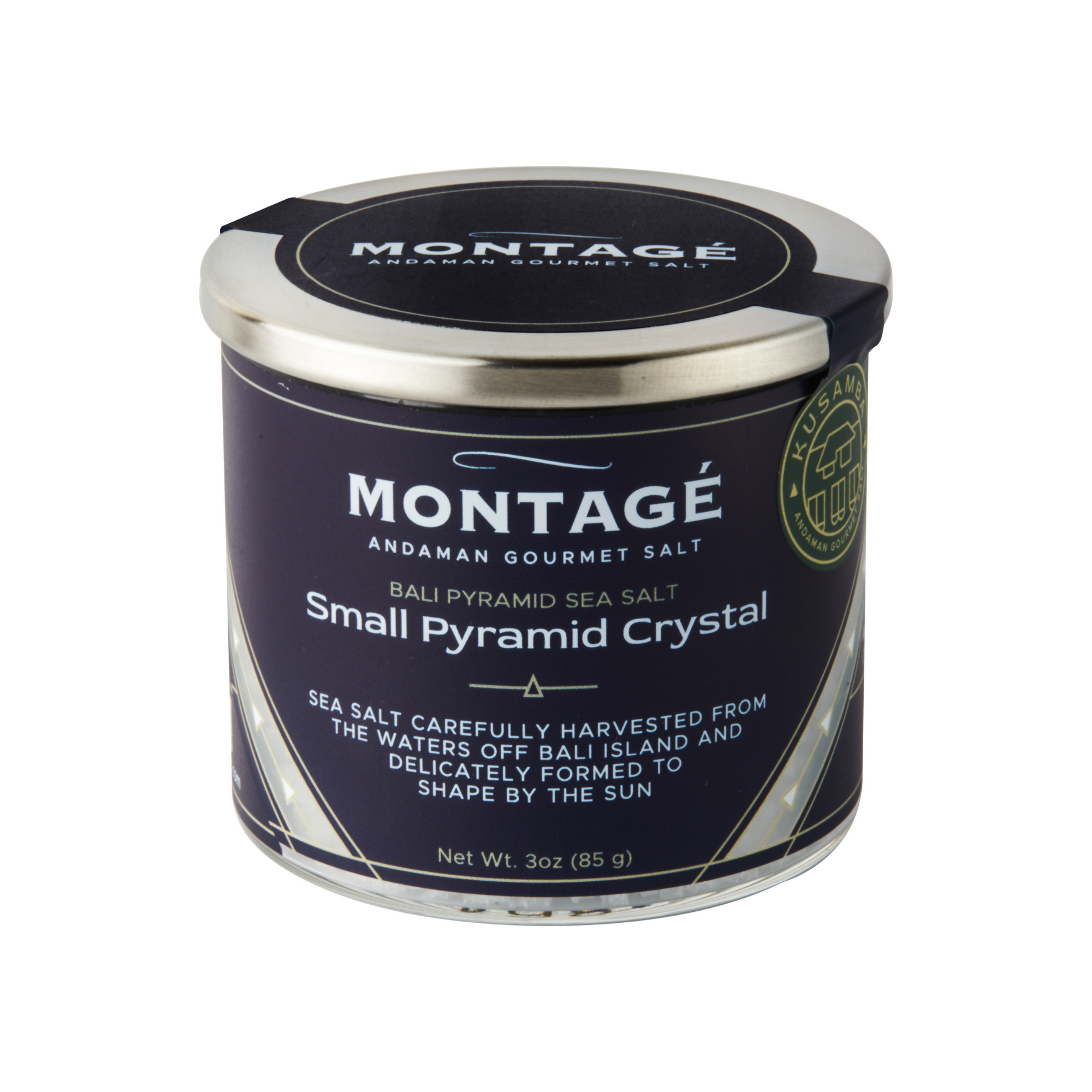 Montagé Kusamba Bali pyramid sea salt 3oz jar with lid on a plain white background