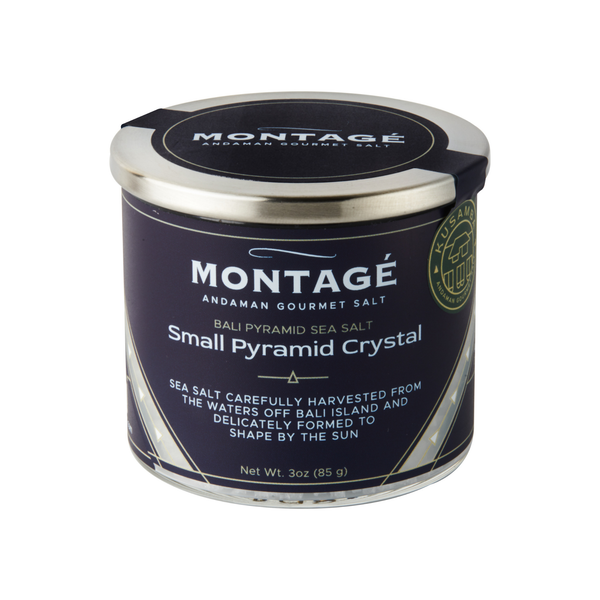 Montagé Kusamba Bali pyramid sea salt 3oz jar with lid on a plain white background