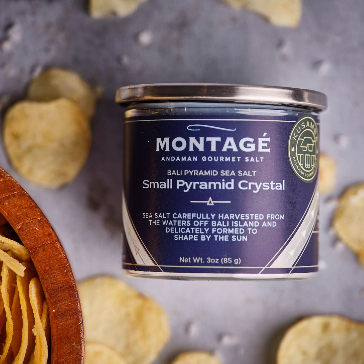 Montagé Kusamba small pyramid salt sprinkled on chips