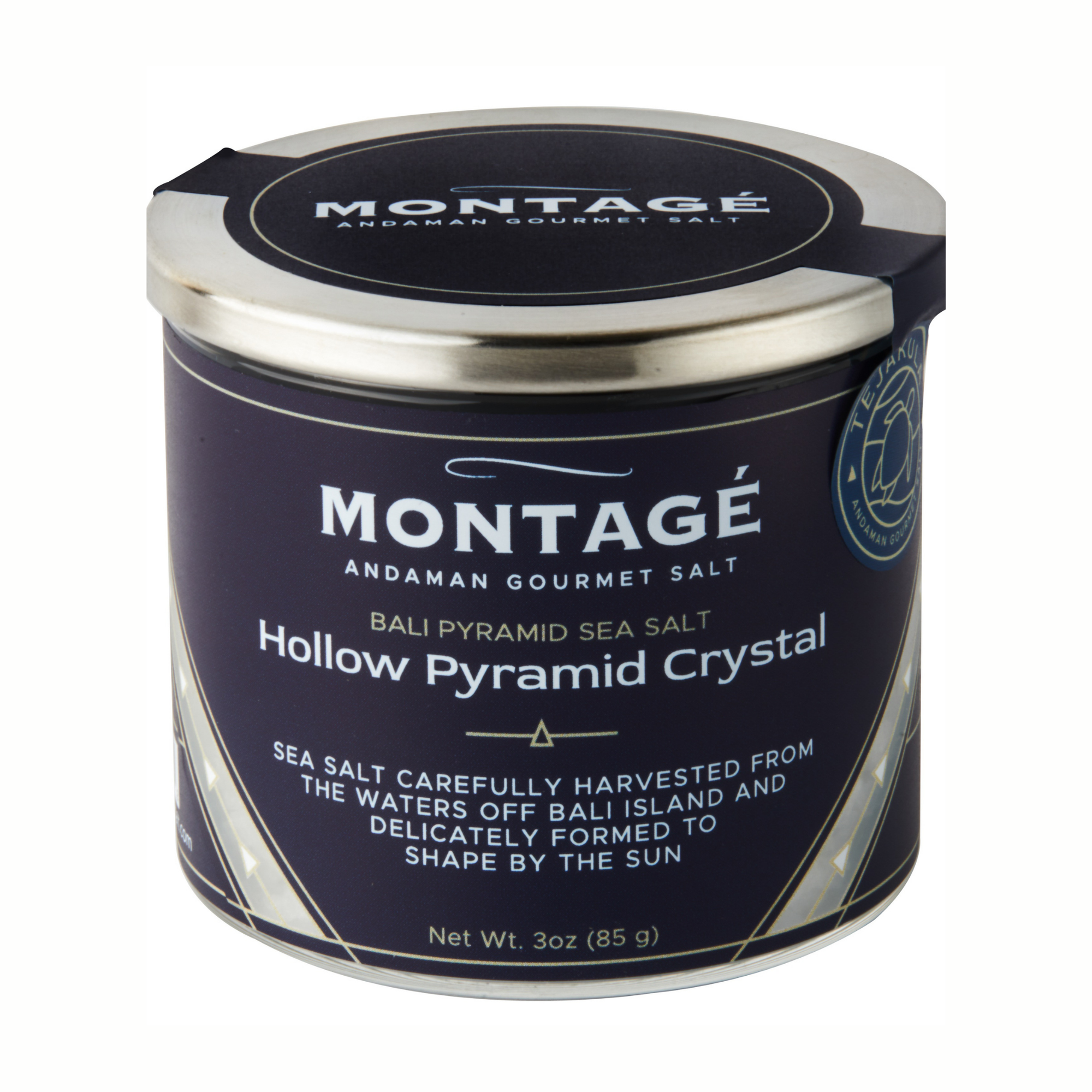 Montagé Tejakula hollow pyramid sea salt 3oz jar with lid on a plain white background