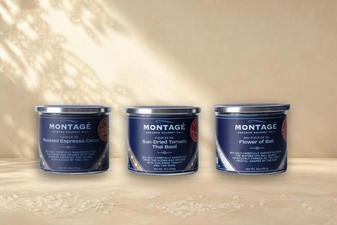 The Bold Trio: Roasted Espresso Cacao, Sun-Dried Tomato Thai Basil and Flower of Bali finishing salts