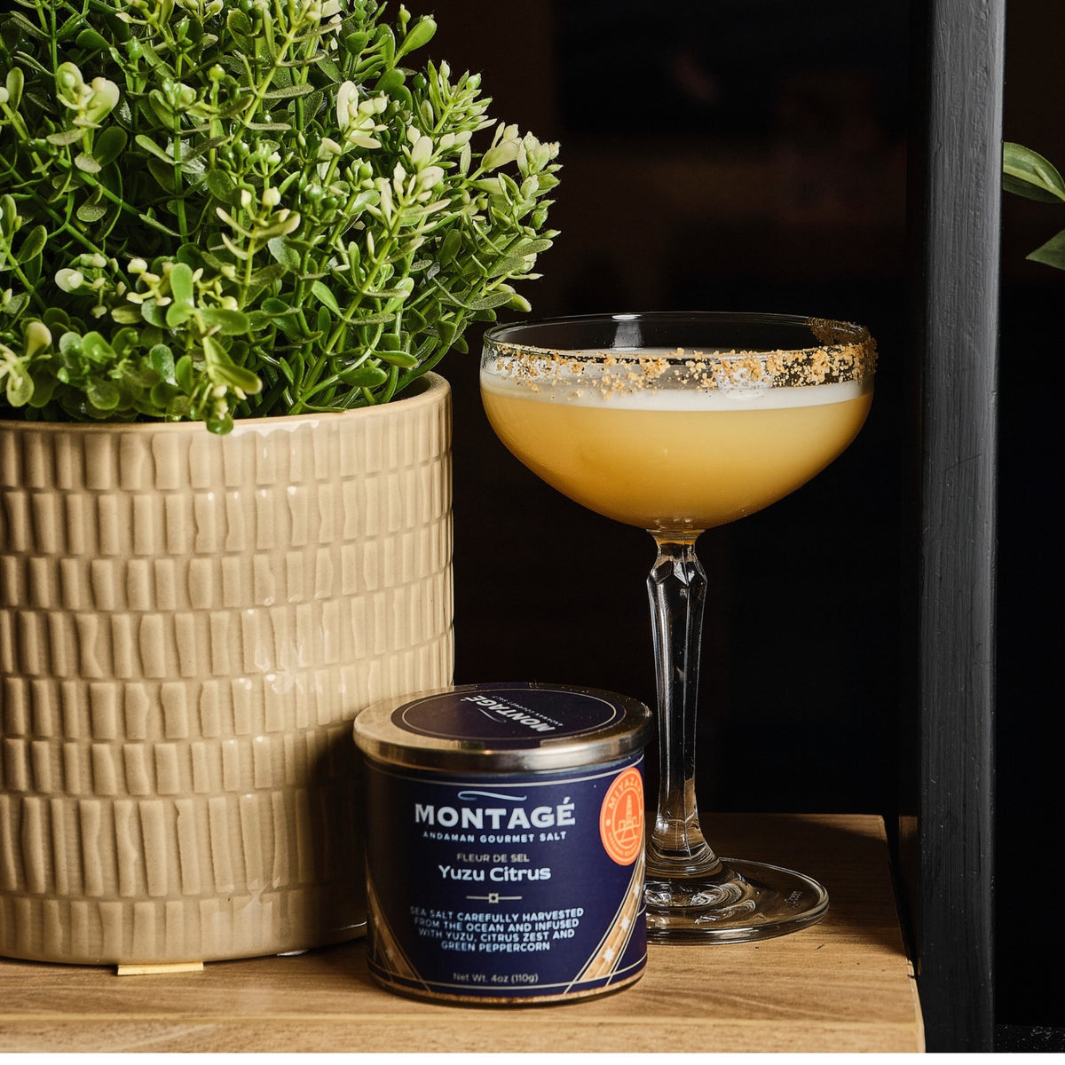 Cocktail coupe with a Montagé Yuzu Citrus salt rim beside the jar on a wooden shelf