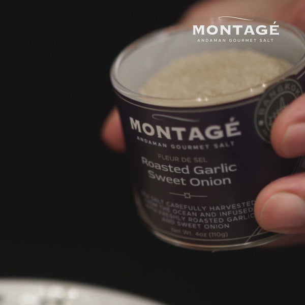 Fleur de Sel Gourmet Salt | Sea Salt All Natural | Flavored Salt Garlic Salt | Montagé Roasted Garlic Sweet Onion | Andaman Gourmet 4oz Glass Jar