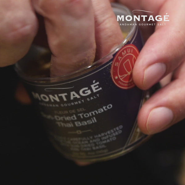 Fleur de Sel Gourmet Salt | Flavored Salt Tomato Salt | Montagé Sun-Dried Tomato Thai Basil | Andaman Gourmet | Sea Salt All Natural 4oz Glass Jar