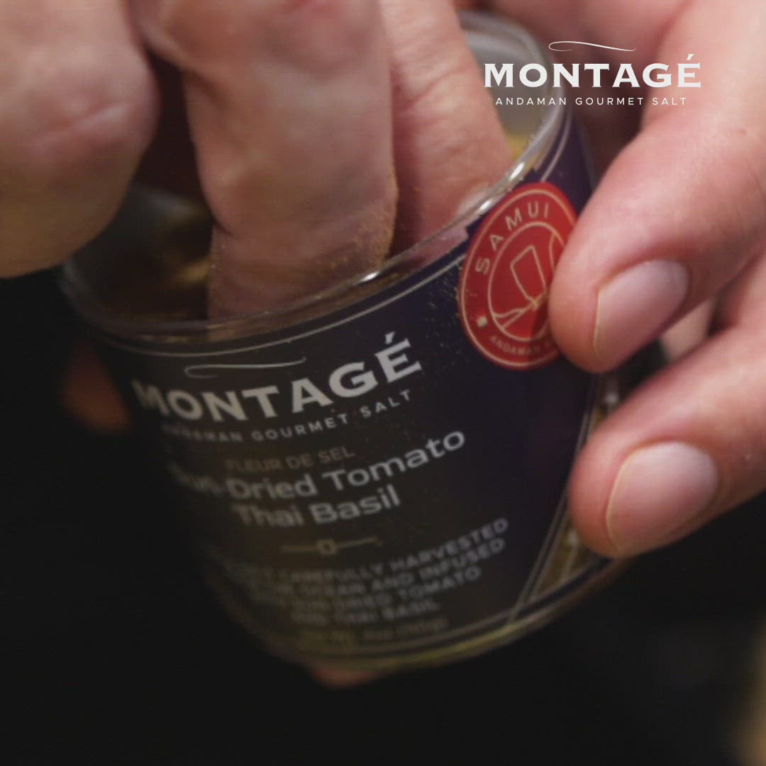 Fleur de Sel Gourmet Salt | Flavored Salt Tomato Salt | Montagé Sun-Dried Tomato Thai Basil | Andaman Gourmet | Sea Salt All Natural 4oz Glass Jar