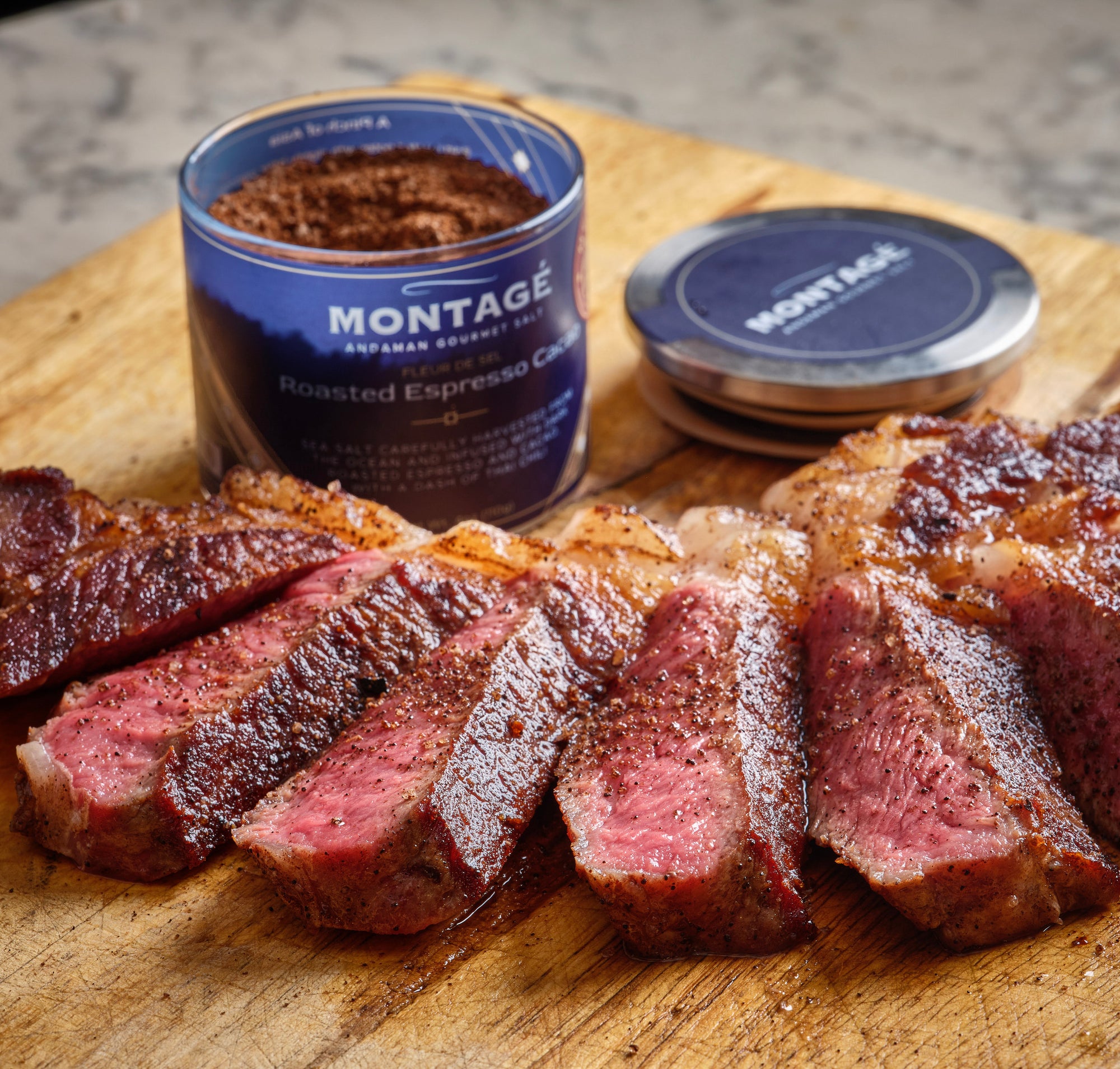 Fleur de Sel Gourmet Salt | Roasted Espresso Cacao | 4oz Glass Jar with steak on wooden board