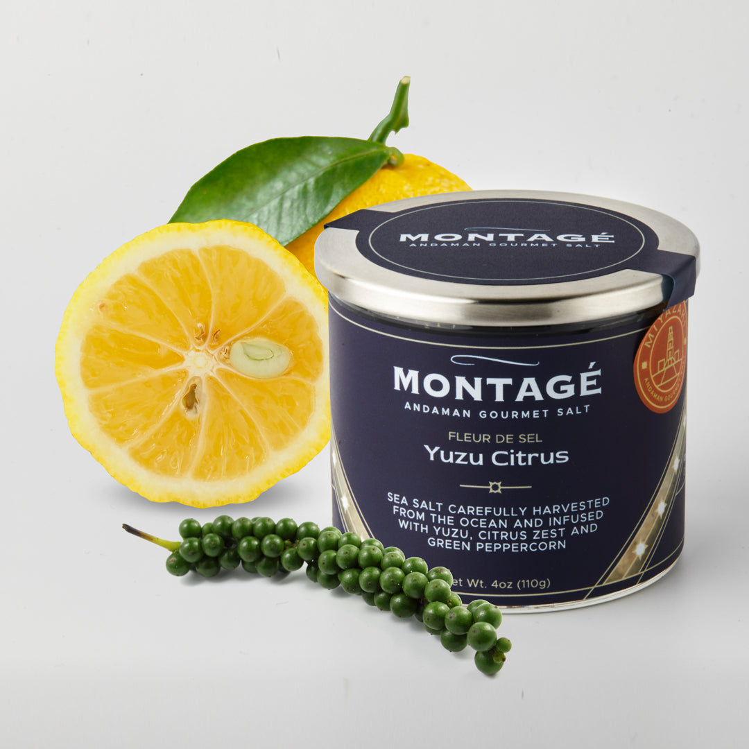 Montagé Fleur de Sel Yuzu Citrus showing ingredients, yuzu and green peppercorn