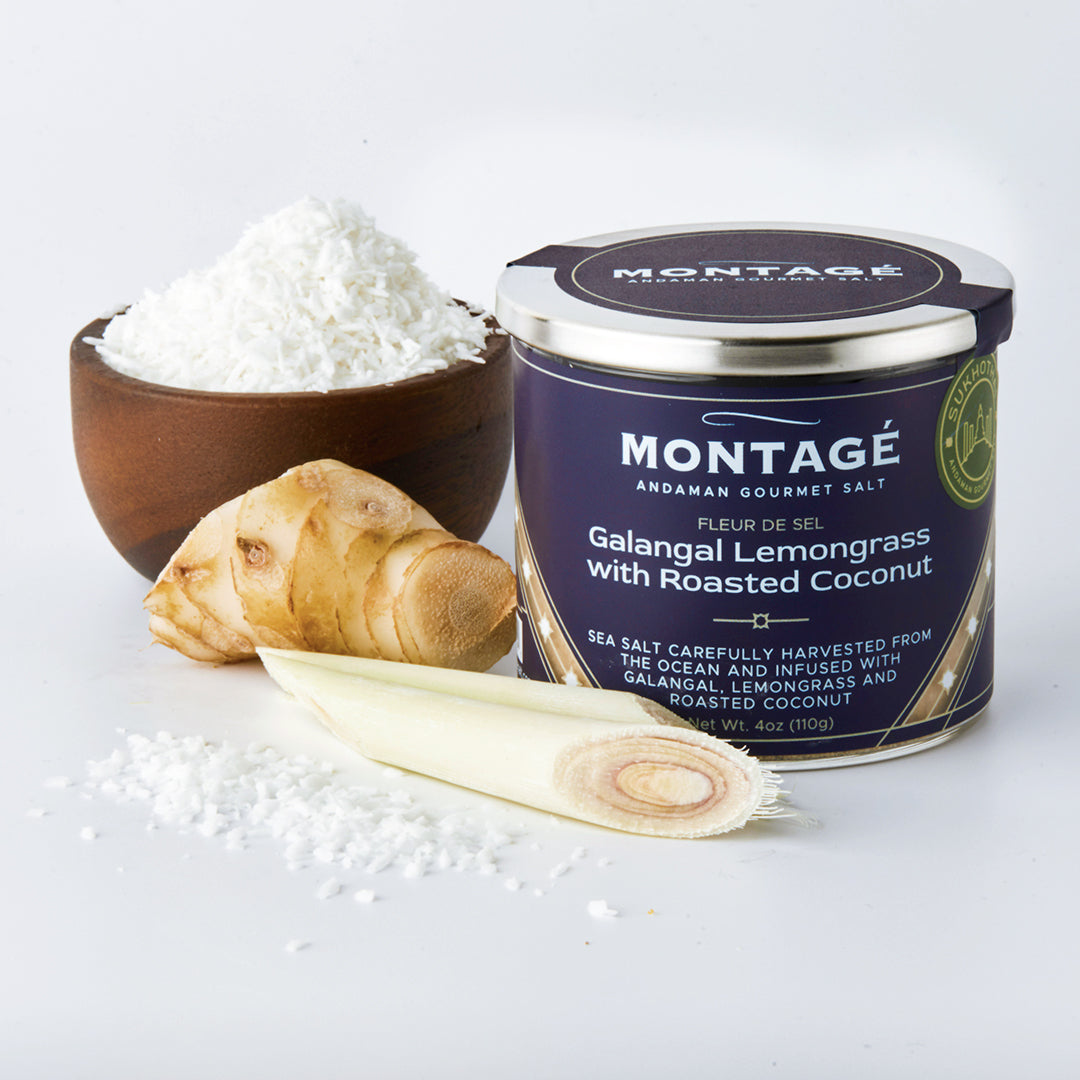 Montagé Fleur de Sel Galangal Lemongrass with Roasted Coconut showing ingredients
