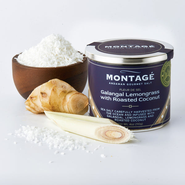 Montagé Fleur de Sel Galangal Lemongrass with Roasted Coconut showing ingredients