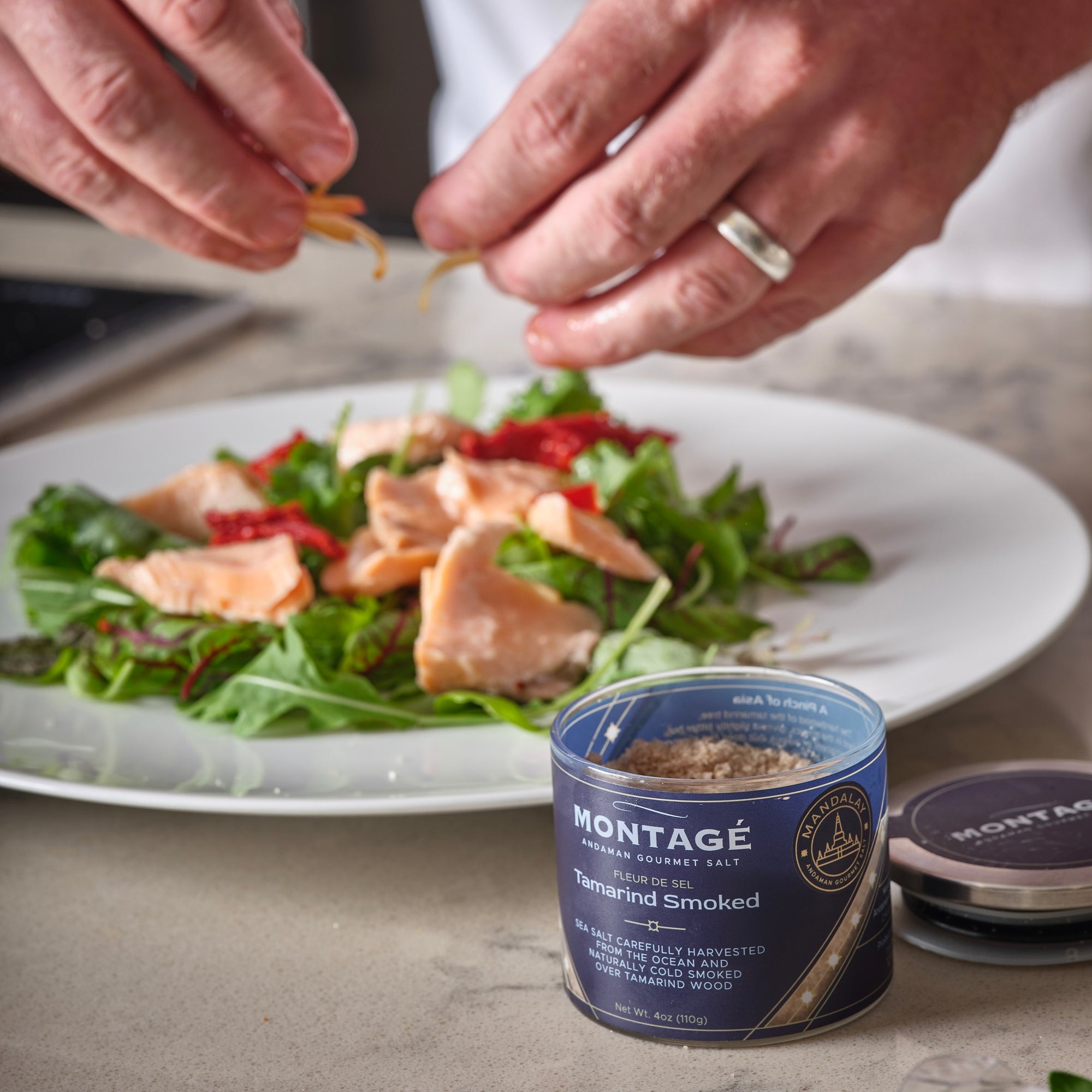 Smoked Gourmet Salt | Tamarind Smoked | 4oz Glass Jar garnishing salad